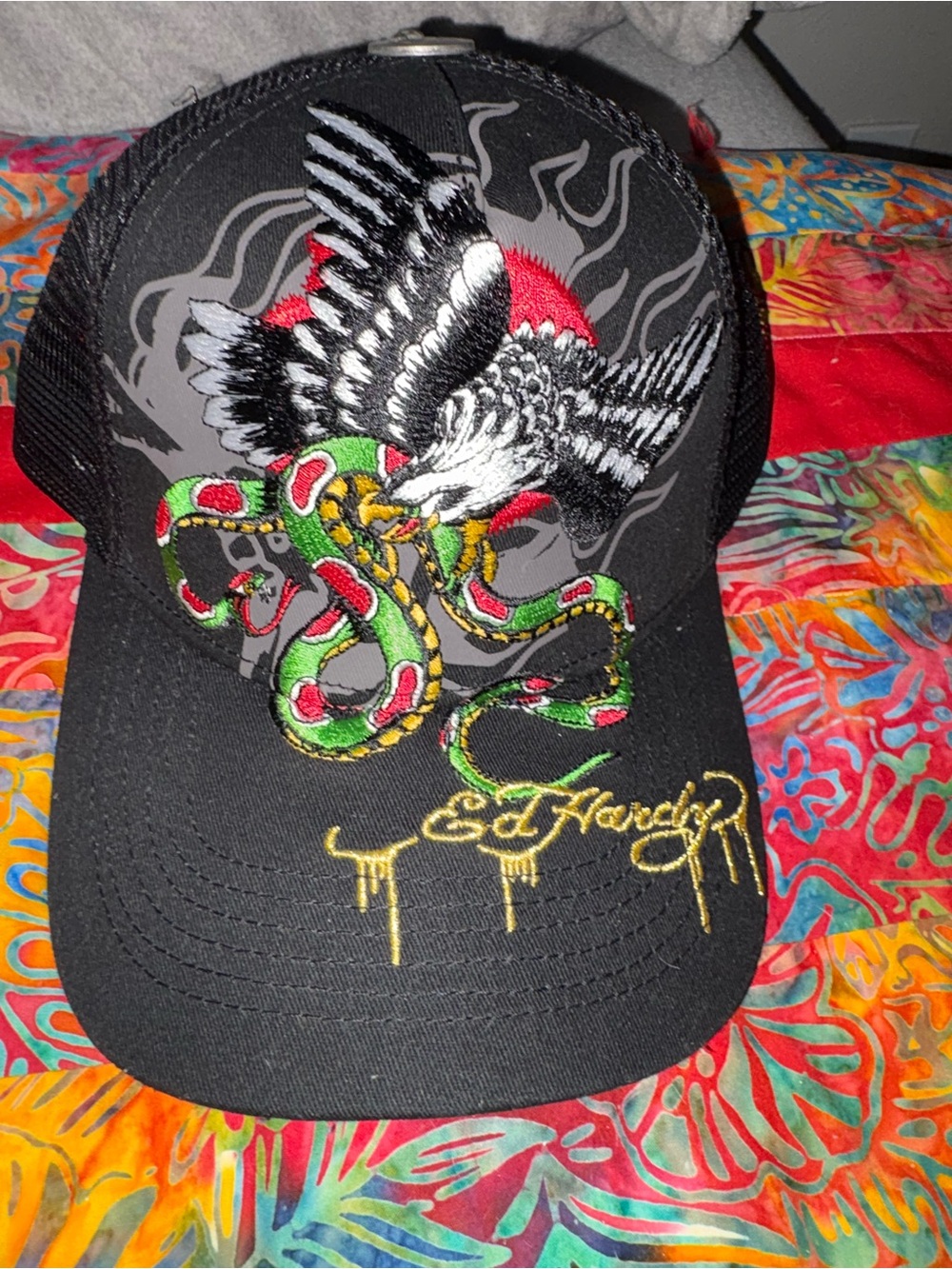 Ed Hardy Black Cap with Eagle and Green-Red Snake Embroidery, New with tags.